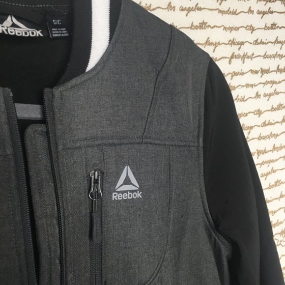 Reebok Size Small Gray & Black Soft Shell Bomber Varsity Jacket Back Logo - Picture 4 of 9